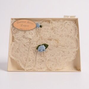 Vintage White Lace Blue Flower Wedding Bridal Lace Garter- New In Box